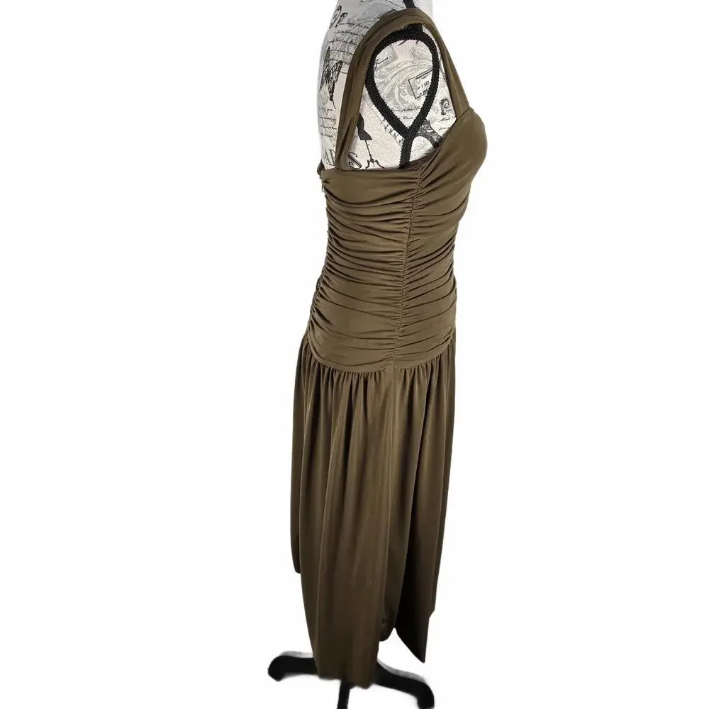 J. Crew Size S Olive Green Ruched Bodice Bubble Hem Sleeveless Midi Dress Prom - Picture 2 of 9